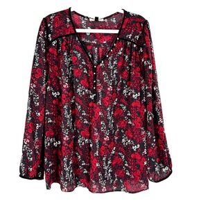 East Adeline Floral Peasant Boho Blouse Top Women's 3X Red Christmas Velvet Trim